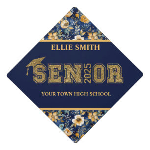 Navy Blue Gold Floral Class of 2025 Graduation Graduation Cap Topper