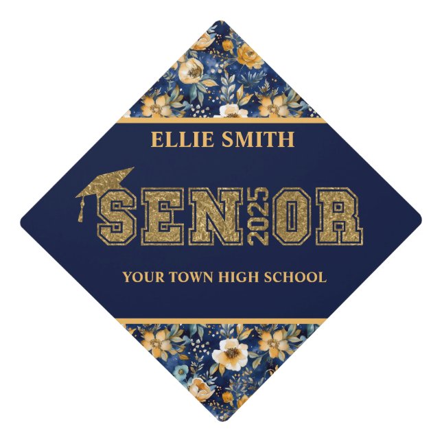 Navy Blue Gold Floral Class of 2025 Graduation  Graduation Cap Topper (Front)