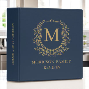 Navy Blue Gold Floral Crest Monogram Family Recipe 3 Ring Binder