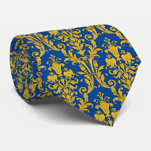 Navy Blue Gold Floral Damask Neck Tie