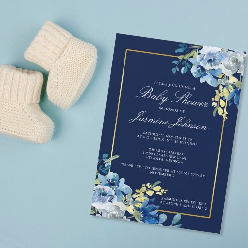 Navy Blue Gold Floral Elegant Baby Shower Invitation