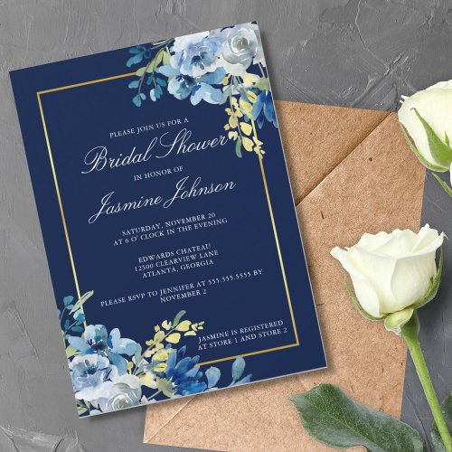 Navy Blue Gold Floral Elegant Bridal Shower Invitation
