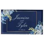 Navy Blue Gold Floral Elegant Custom Wedding Place Card Holder