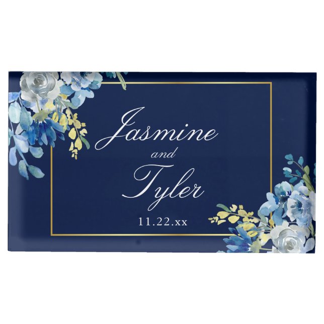 Navy Blue Gold Floral Elegant Custom Wedding Place Card Holder (Front)