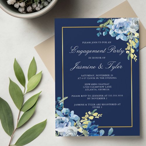 Navy Blue Gold Floral Elegant Engagement Party Invitation