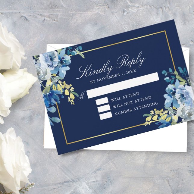 Navy Blue Gold Floral Elegant Evening Kindly Reply RSVP Card (Creator Uploaded)