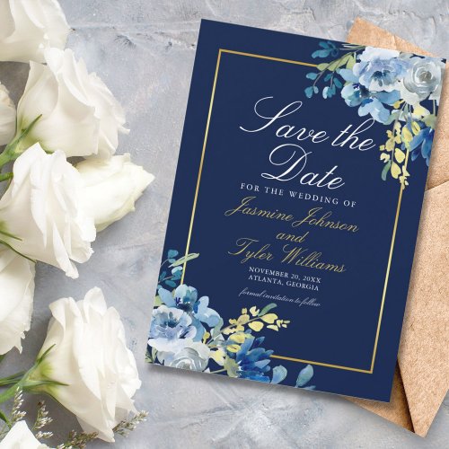 Navy Blue Gold Floral Elegant Evening Save The Date