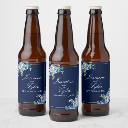 Navy Blue Gold Floral Elegant Evening Wedding Beer Bottle Label