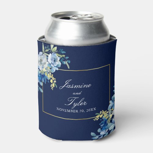 Navy Blue Gold Floral Elegant Evening Wedding Can Cooler