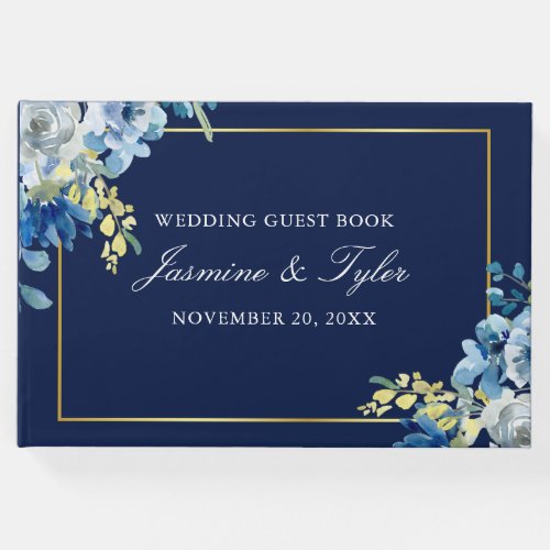 Navy Blue Gold Floral Elegant Evening Wedding Guest Book
