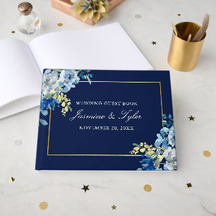 Navy Blue Gold Floral Elegant Evening Wedding Guest Book
