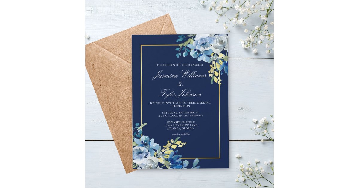 Navy Blue Gold Floral Elegant Evening Wedding Invitation | Zazzle