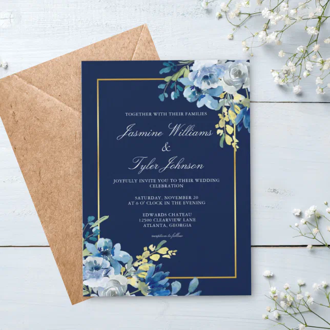 Navy Blue Gold Floral Elegant Evening Wedding Invitation | Zazzle