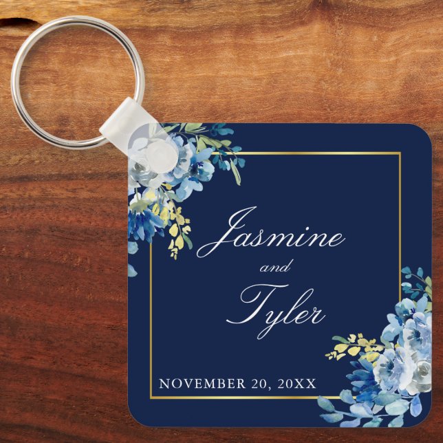 Navy Blue Gold Floral Elegant Evening Wedding Keychain (Front)
