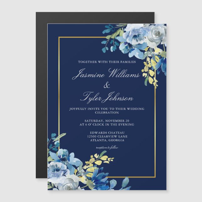 Navy Blue Gold Floral Elegant Evening Wedding Magnetic Invitation (Front/Back)