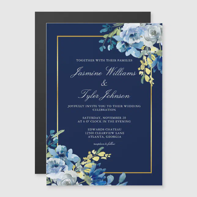 Navy Blue Gold Floral Elegant Evening Wedding Magnetic Invitation | Zazzle