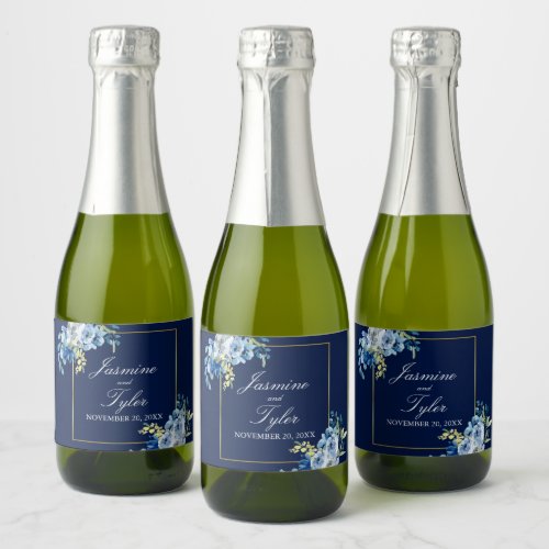 Navy Blue Gold Floral Elegant Evening Wedding Mini Sparkling Wine Label