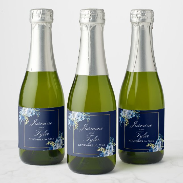 Navy Blue Gold Floral Elegant Evening Wedding Mini Sparkling Wine Label (Bottles)