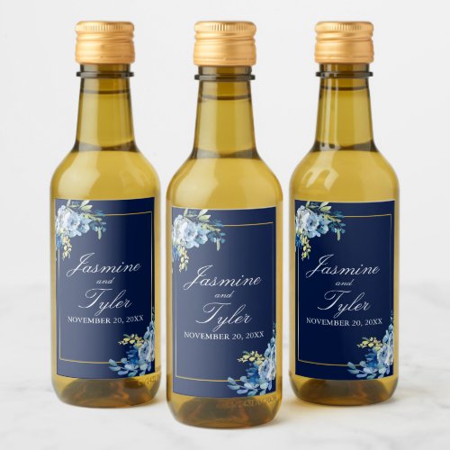 Navy Blue Gold Floral Elegant Evening Wedding Mini Wine Label