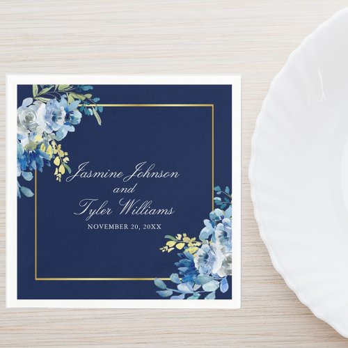 Navy Blue Gold Floral Elegant Evening Wedding Napkins