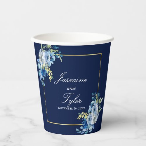 Navy Blue Gold Floral Elegant Evening Wedding Paper Cups