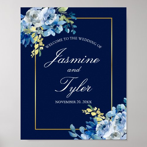 Navy Blue Gold Floral Elegant Evening Wedding Poster