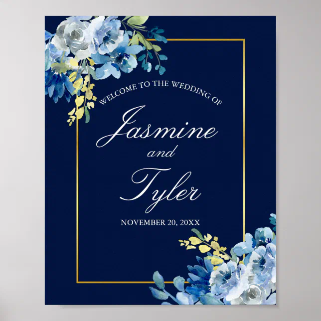 Navy Blue Gold Floral Elegant Evening Wedding Poster | Zazzle