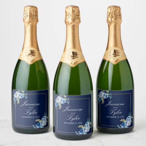 Navy Blue Gold Floral Elegant Evening Wedding Sparkling Wine Label