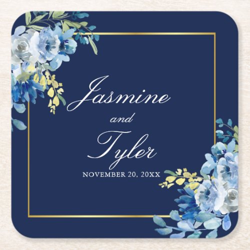 Navy Blue Gold Floral Elegant Evening Wedding Square Paper Coaster