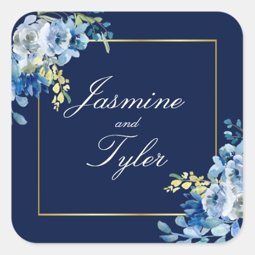 Navy Blue Gold Floral Elegant Evening Wedding Square Sticker