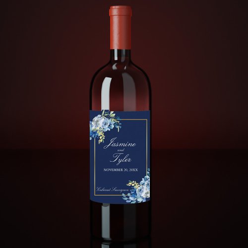 Navy Blue Gold Floral Elegant Evening Wedding Wine Label