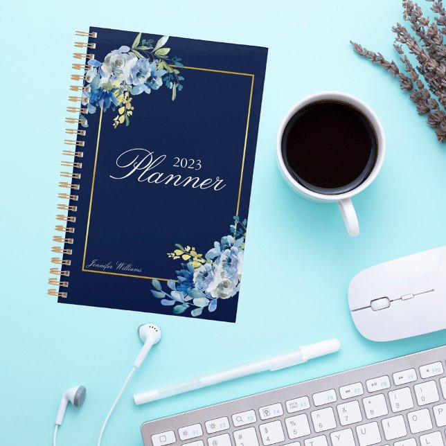 Navy Blue Gold Floral Elegant Personalized 2023 Planner (Creator Uploaded)