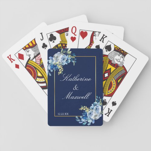 Navy Blue Gold Floral Elegant Personalized Wedding Poker Cards