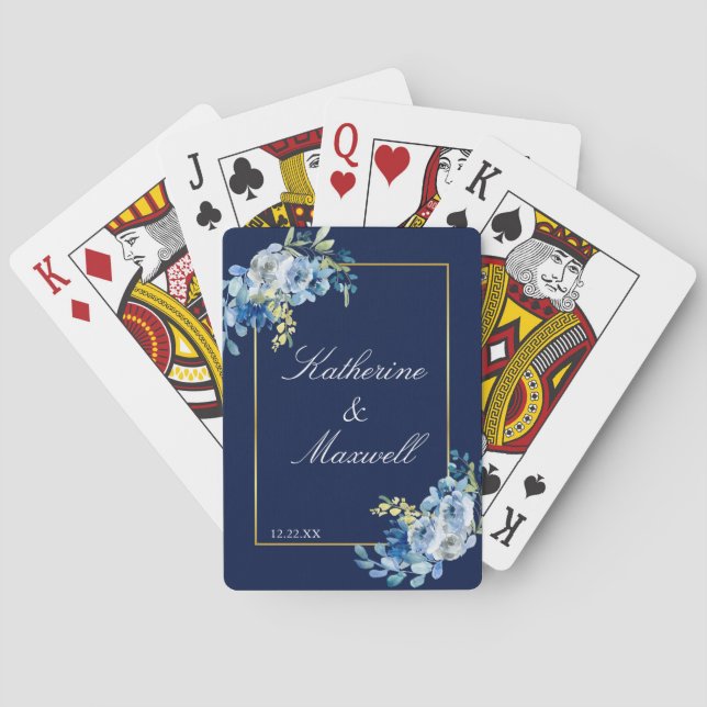 Navy Blue Gold Floral Elegant Personalized Wedding Poker Cards (Back)