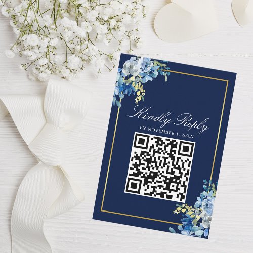 Navy Blue Gold Floral Elegant Qr Code Wedding RSVP Card