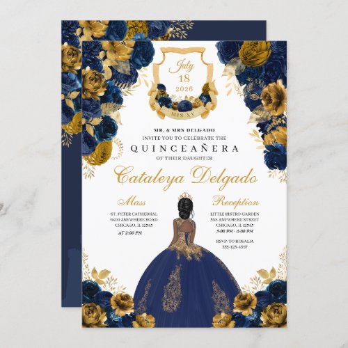 Navy Blue  Gold Floral Elegant Quinceaera Invitation