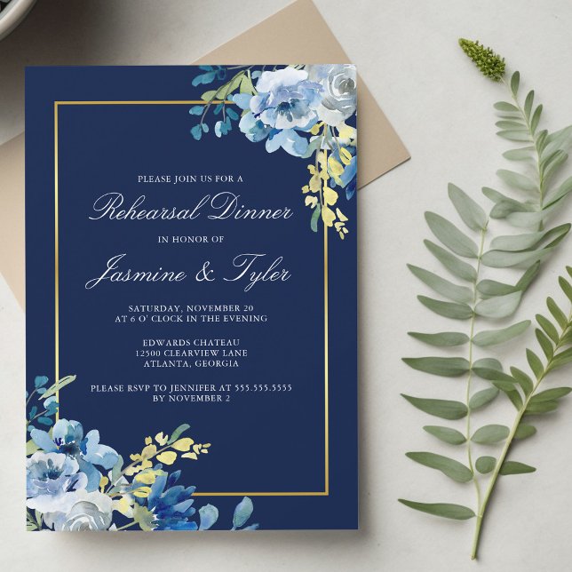 Navy Blue Gold Floral Elegant Rehearsal Dinner Invitation (Creator Uploaded)