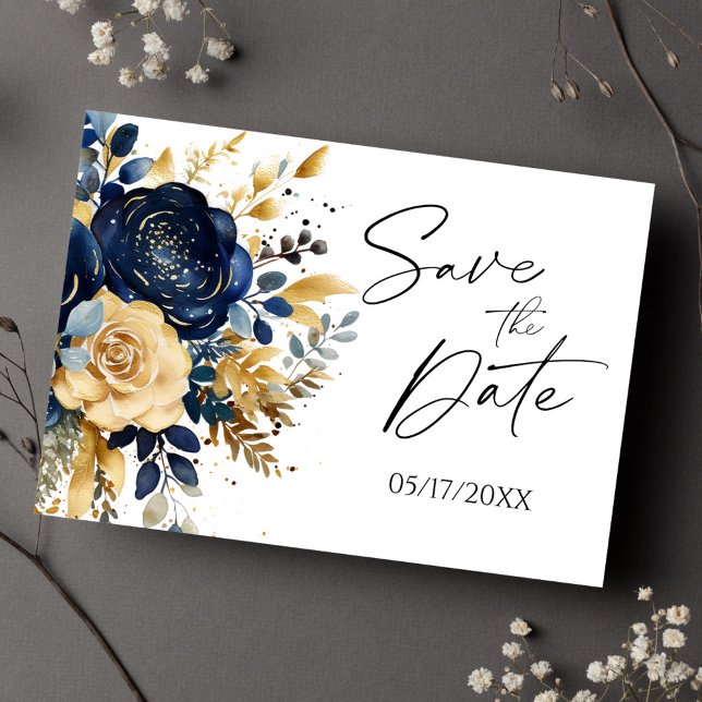 Navy Blue Gold Floral Elegant Save The Date Announcement Postcard (Navy Blue Gold Floral Elegant Save The Date Announcement Postcard)