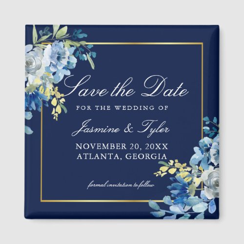 Navy Blue Gold Floral Elegant Save the Date Magnet