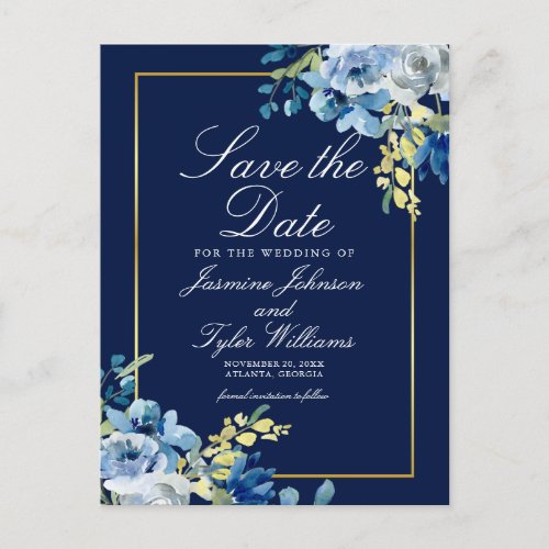 Navy Blue Gold Floral Elegant Save The Date Postcard