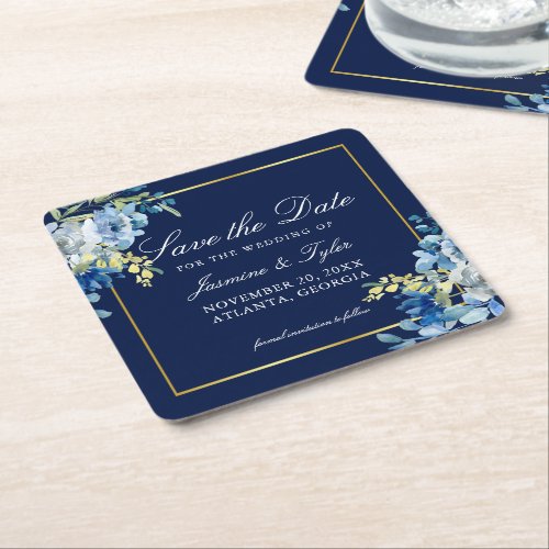 Navy Blue Gold Floral Elegant Save the Date Square Paper Coaster