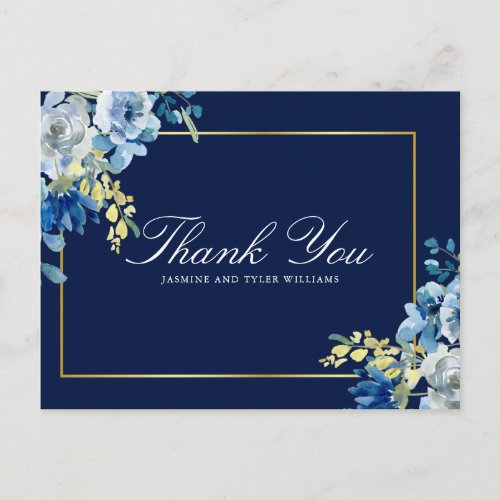 Navy Blue Gold Floral Elegant Script Thank You Postcard