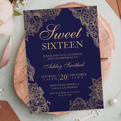 Navy blue gold floral elegant Sweet sixteen Invitation