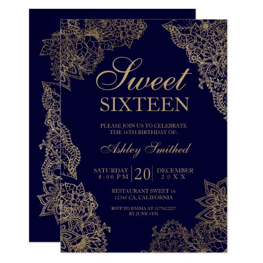 Navy Blue Gold Floral Elegant Sweet Sixteen Invitation