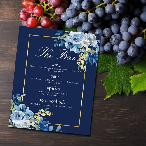 Navy Blue Gold Floral Elegant Wedding Bar Menu