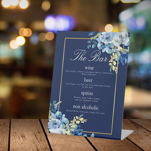 Navy Blue Gold Floral Elegant Wedding Bar Menu Pedestal Sign