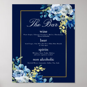 Navy Blue Gold Floral Elegant Wedding Bar Menu Poster