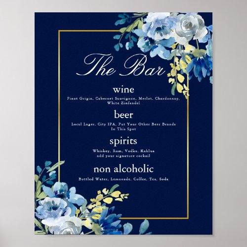 Navy Blue Gold Floral Elegant Wedding Bar Menu Poster