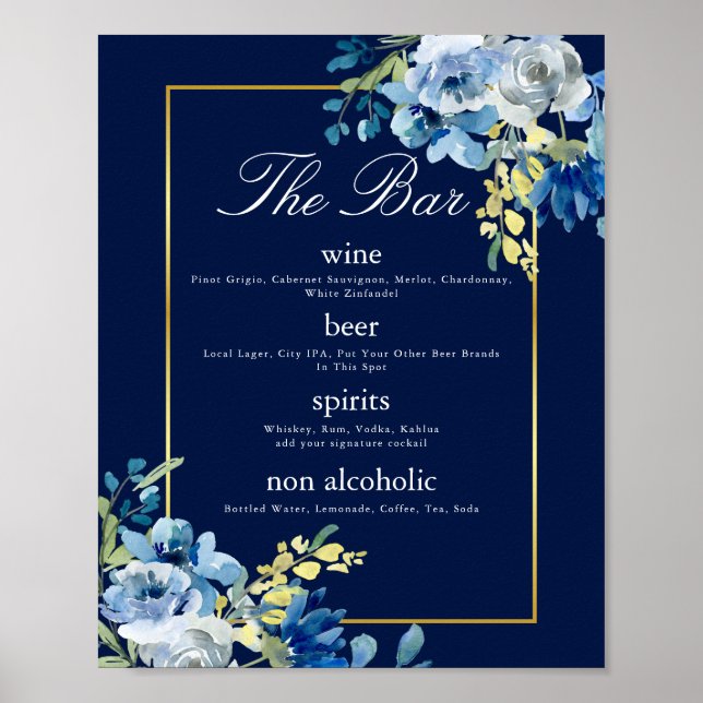 Navy Blue Gold Floral Elegant Wedding Bar Menu Poster (Front)
