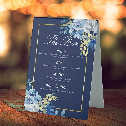 Navy Blue Gold Floral Elegant Wedding Bar Menu Table Tent Sign